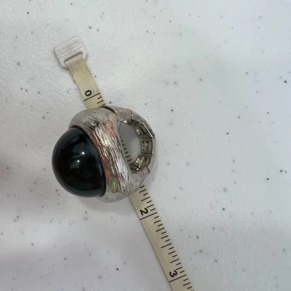 Cocktail Ring Black Silver Tone Stretch Adjustable Big Gaudy Dome Textured  Used